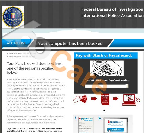 FBI virus computer locked asking for 100 Euro Ukash