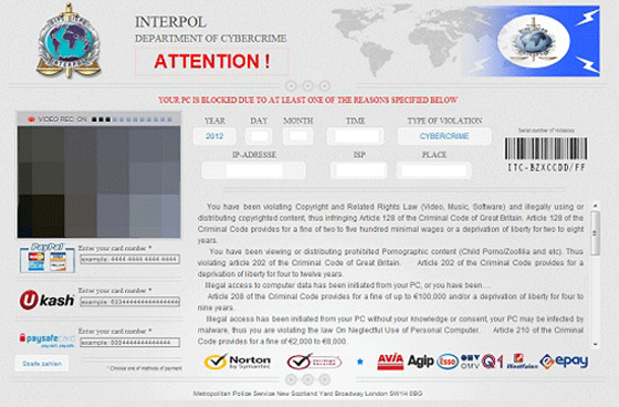 Interpol Department of Cybercrime Ukash/Paysafecard Virus Screenshot