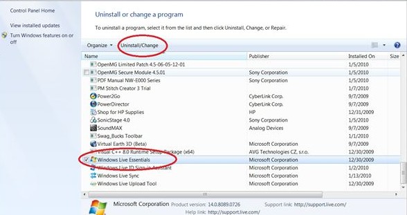 unistall windows live essentials