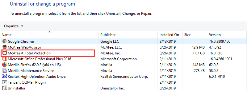 uninstall mcafee total protection