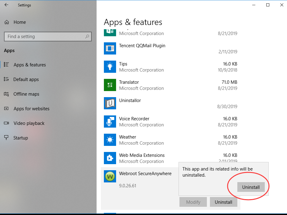 uninstall webroot client windows 10