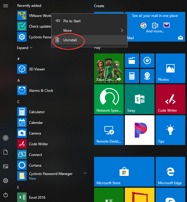 uninstall vmware player windows 10