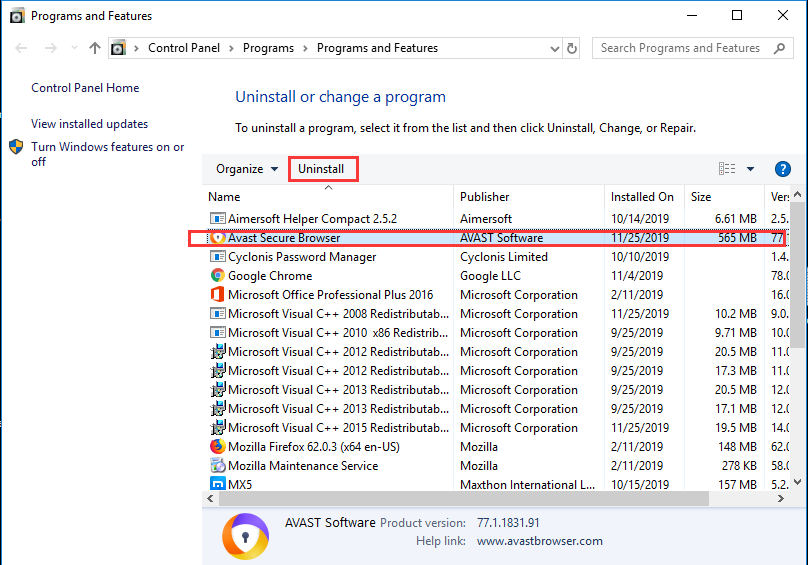 how to remove avast secure browser