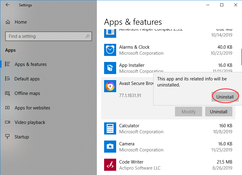 uninstall avast secure browser