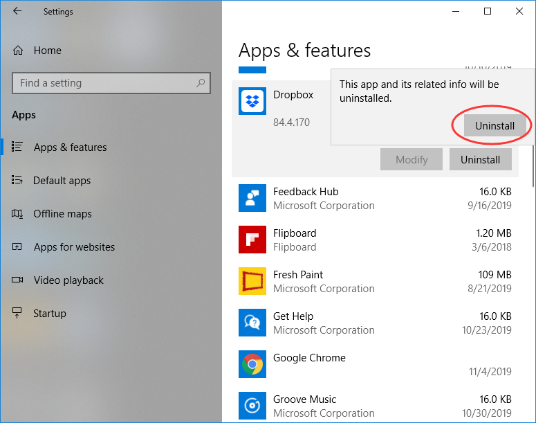 uninstall dropbox from windows 10