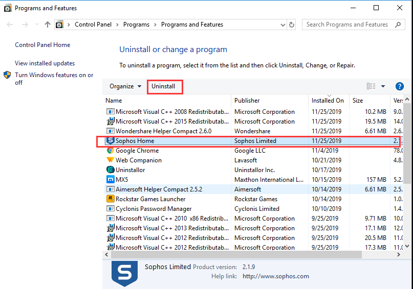 windows 10 sophos home wont uninstall