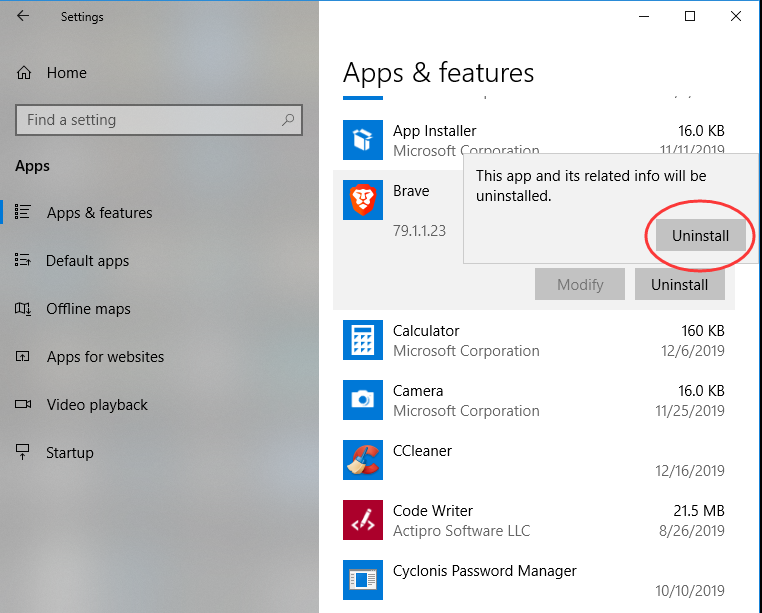 uninstall brave browser windows 10