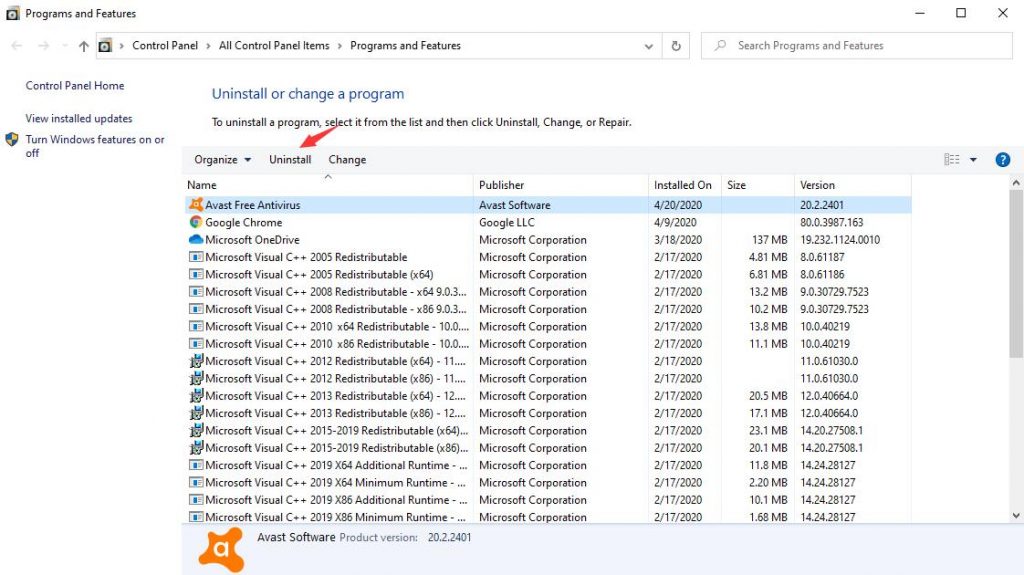 how to uninstall avast antivirus from control panel