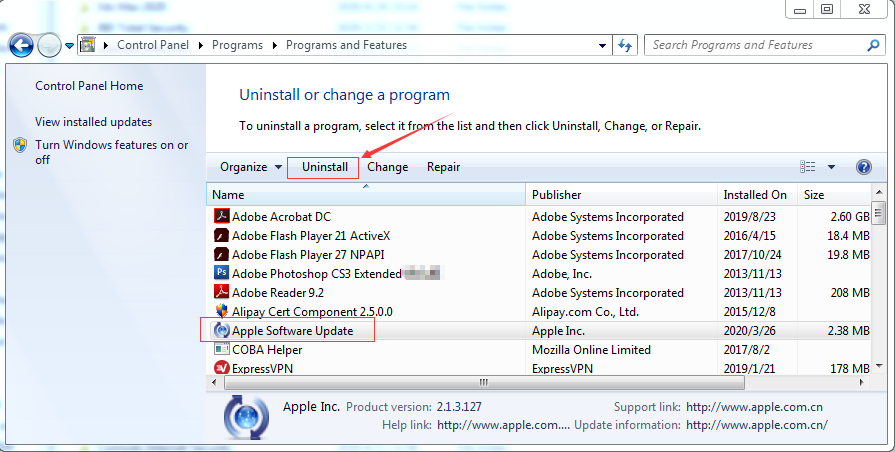 cannot remove apple software update windows 10