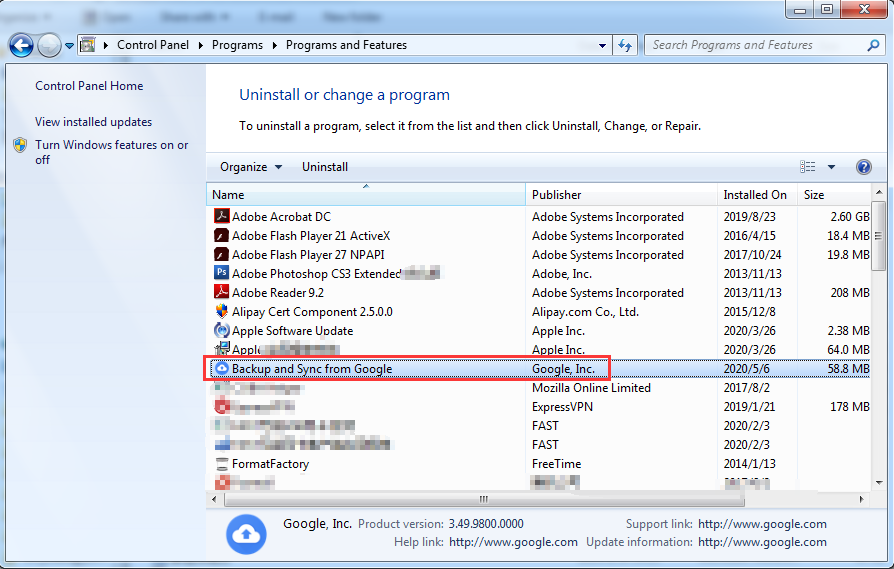 uninstall backup and sync google drive