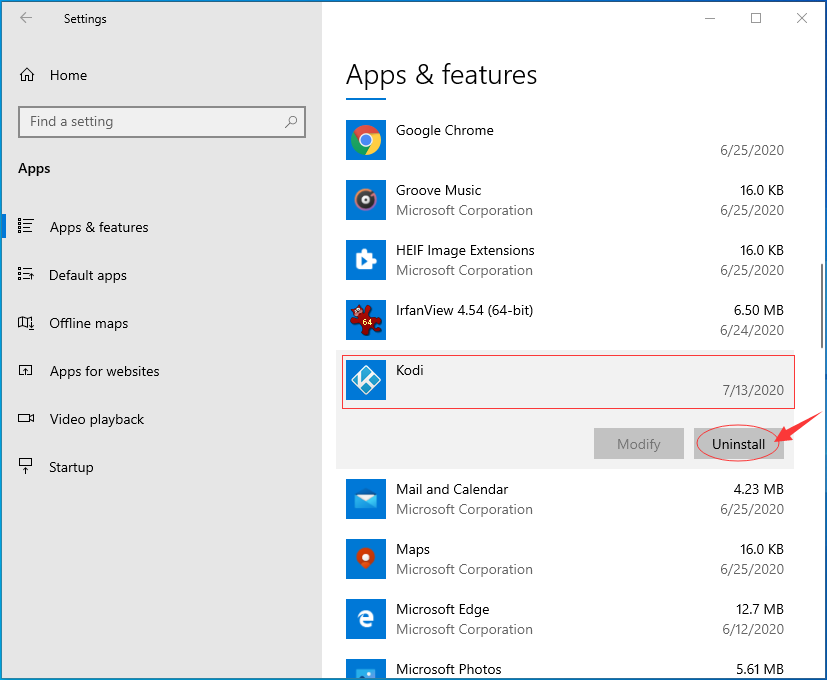 how do i uninstall kodi from windows 10