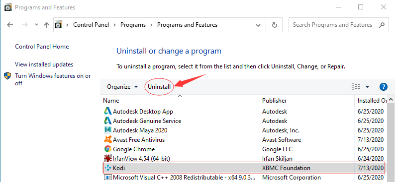 uninstalling kodi on my windows 10 laptop