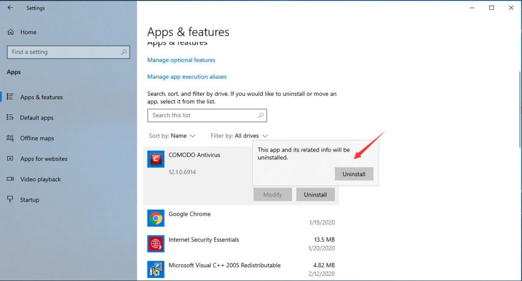 how to remove comodo antivirus windows 10
