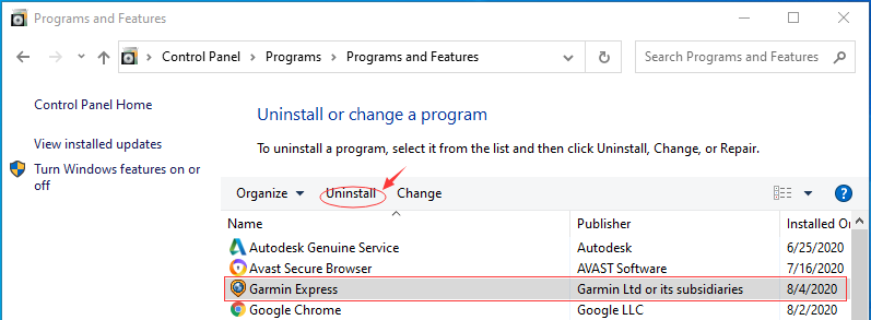 uninstall garmin express settings