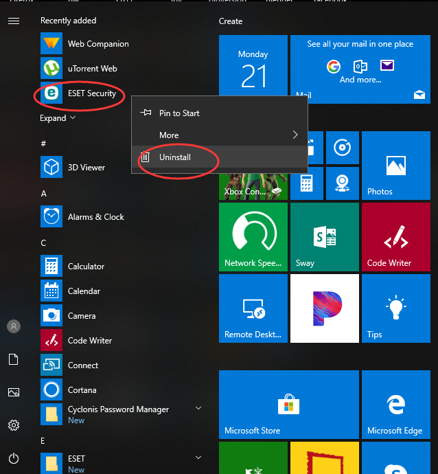 uninstall eset windows 10