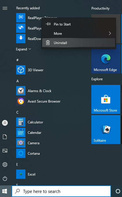 how to remove realplayer from windows 10 start menu