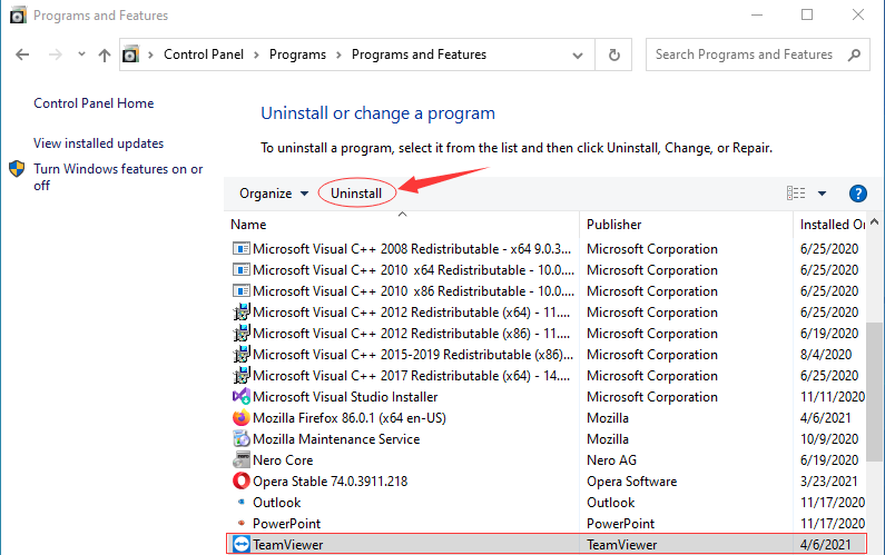 uninstall teamviewer 10